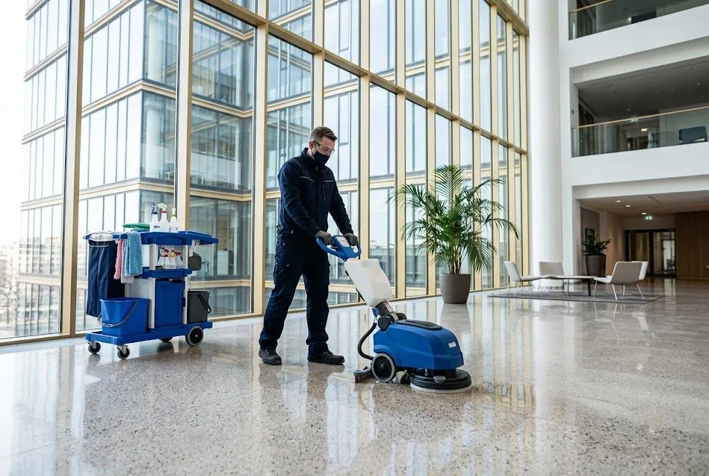 Agent Calade Propreté utilisant une autolaveuse dans un hall d'immeuble tertiaire