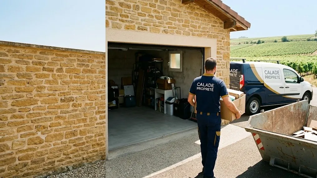 Débarras d'un garage de maison en pierres dorées du Beaujolais