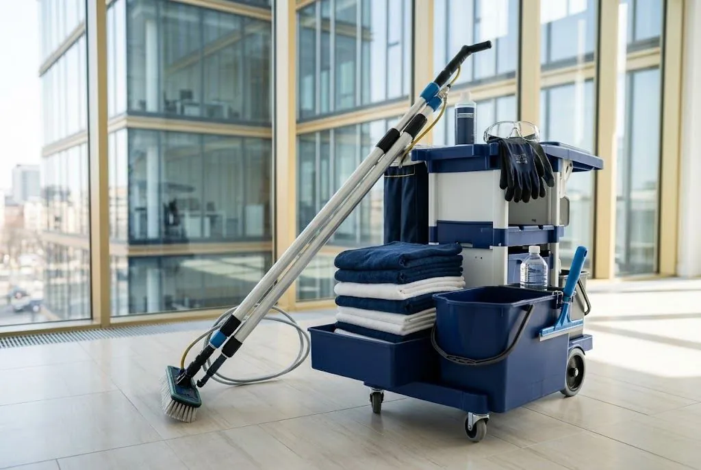 Chariot de nettoyage professionnel équipé : perches, seaux, microfibres, EPI