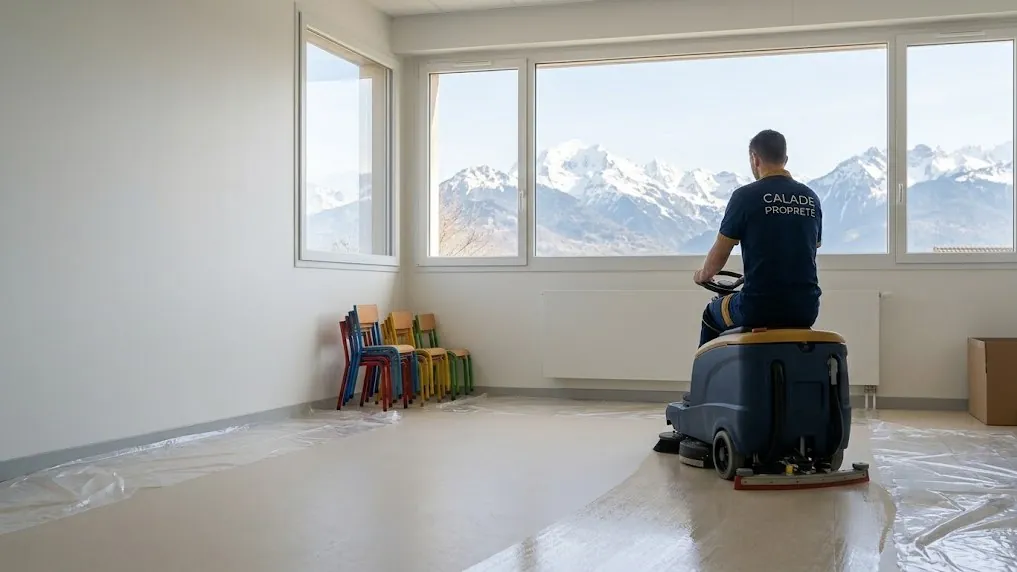 Autolaveuse dans une classe rénovée avant réception, Alpes en arrière-plan