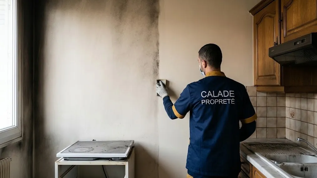 Technicien retirant la suie d'un mur de cuisine après un incendie