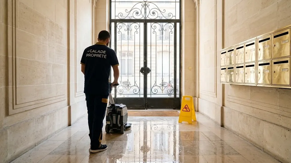 Agent Calade Propreté nettoyant le sol du hall d'un immeuble lyonnais