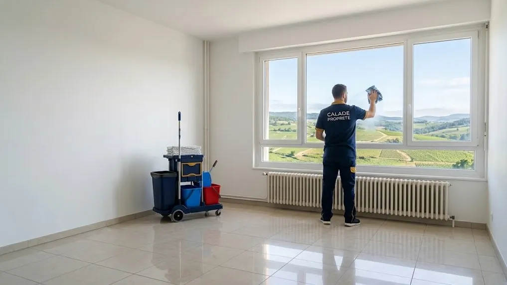 Agent nettoyant la fenêtre d'un appartement vide avant relocation