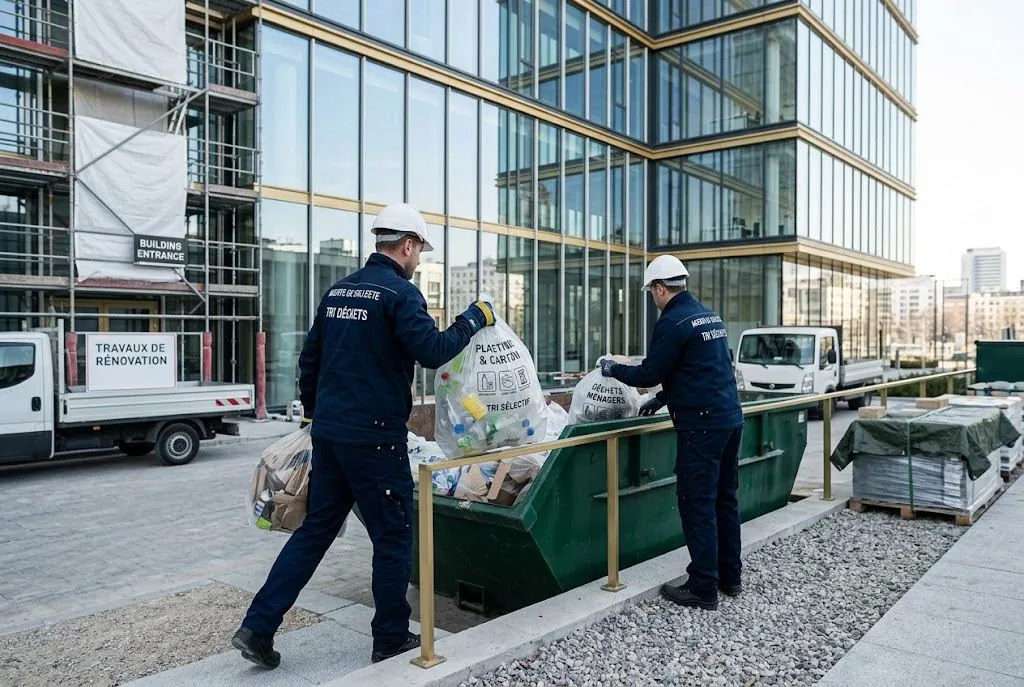 Agents Calade Propreté triant des déchets de chantier devant une benne