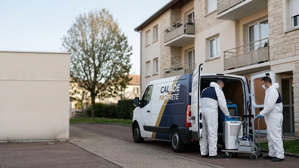 Techniciens en combinaison de protection devant le fourgon Calade Propreté